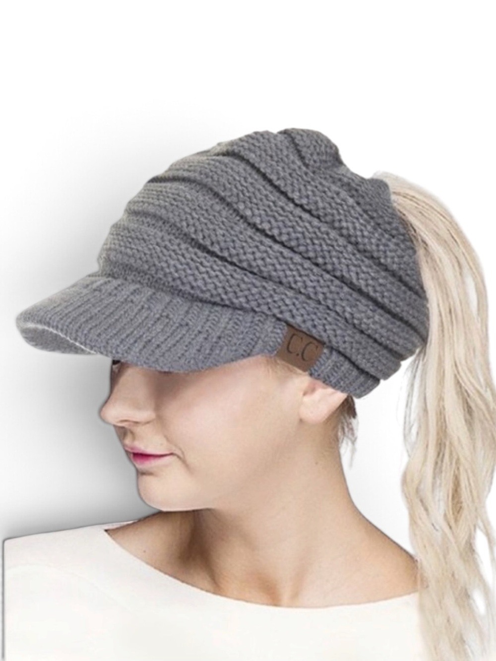 C.C Gray Knit Ponytail Beanie Visor Brim Messy Bun Winter Hat